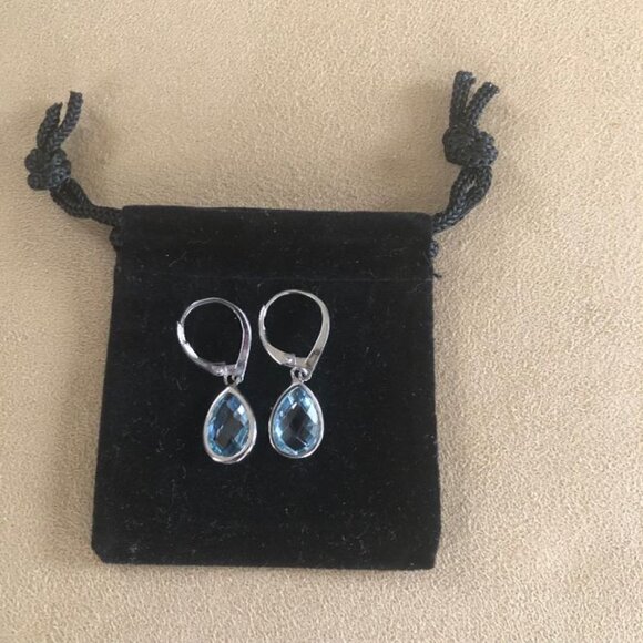 Sterling Silver Blue Topaz Bezel-Set Pear Teardrop Dangle Lever Back Earrings - Picture 3 of 3